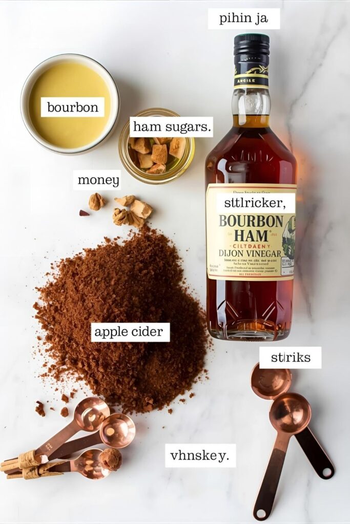 A well-lit, flat-lay food photography collage featuring the key ingredients for a whiskey ham glaze: a pile of dark brown sugar, a bottle of bourbon, a jar of Dijon mustard, apple cider vinegar, and cinnamon sticks, all arranged on a white marble background with copper measuring spoons