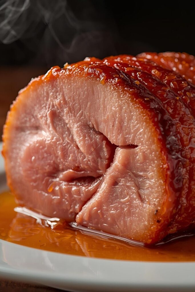 A hyper-realistic, macro, and warm-toned close-up of a single, thick slice of Whiskey-Glazed Ham on a white porcelain plate, showing the moist, pink interior and the thick, deeply caramelized, golden-brown whiskey glaze crust. Steam is subtly rising.