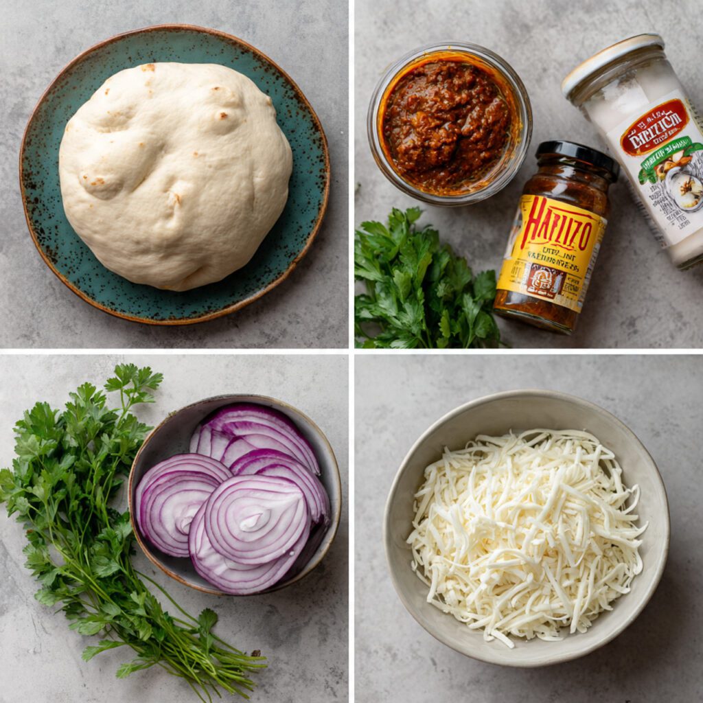 A flat lay collage showing the essential ingredients: pizza dough ball, a jar of Harissa paste, a jar of honey, a tub of ricotta cheese, mozzarella shreds, red onion slices, and fresh parsley.