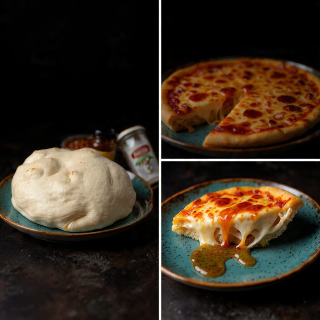 Extreme close-up of a slice of Harissa Honey Pizza with melted mozzarella, ricotta dollops, a vibrant red onion, and a glossy drizzle of honey. The text overlay reads: "HARISSA HONEY PIZZA"