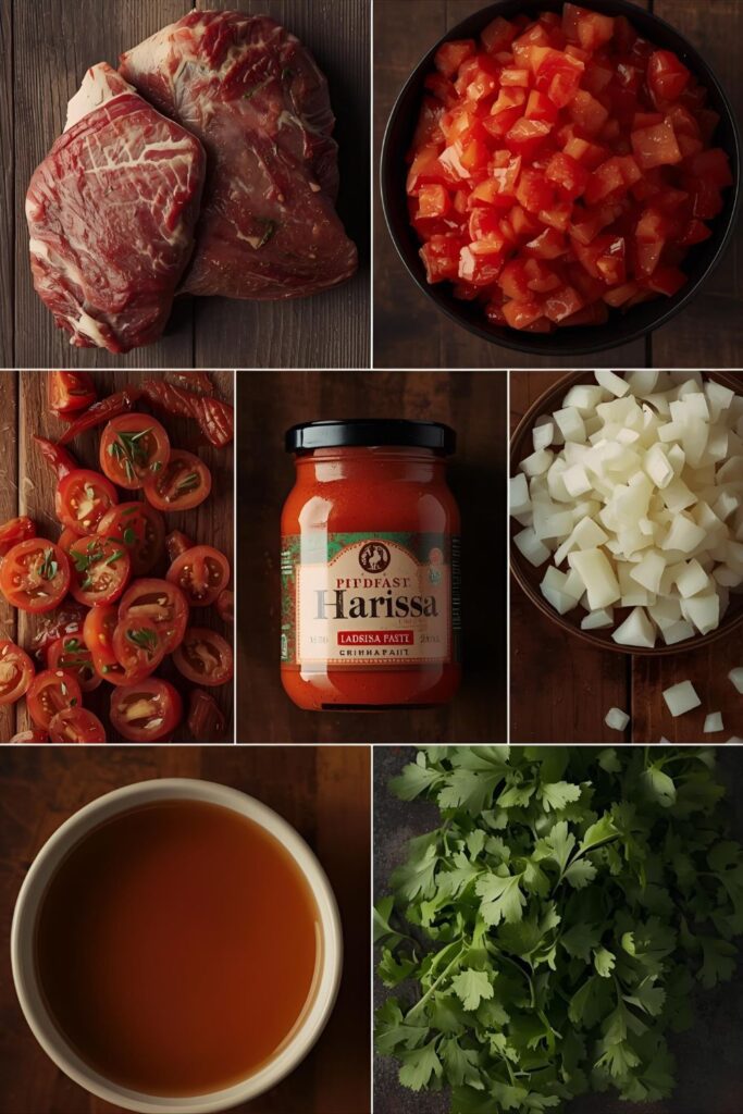 Ingredient collage for Harissa Lamb showing raw lamb chunks, harissa paste, tomatoes, onion, and stock in separate bowls.