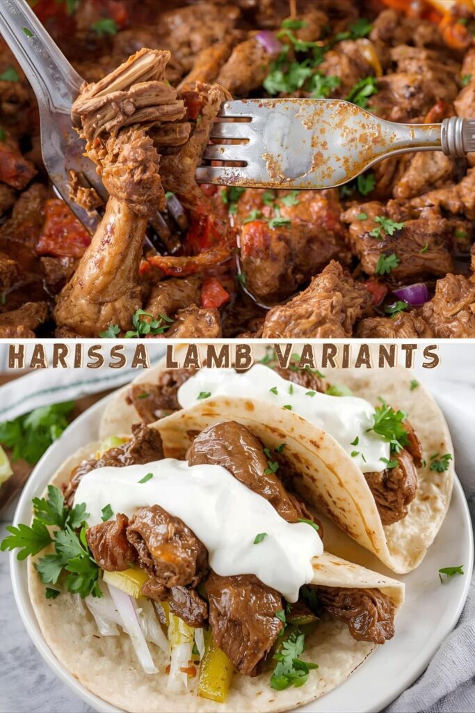 Macro view of two Harissa Lamb variants: a fork shredding tender lamb in a pot, and a plated wrap/taco variation with yogurt topping.