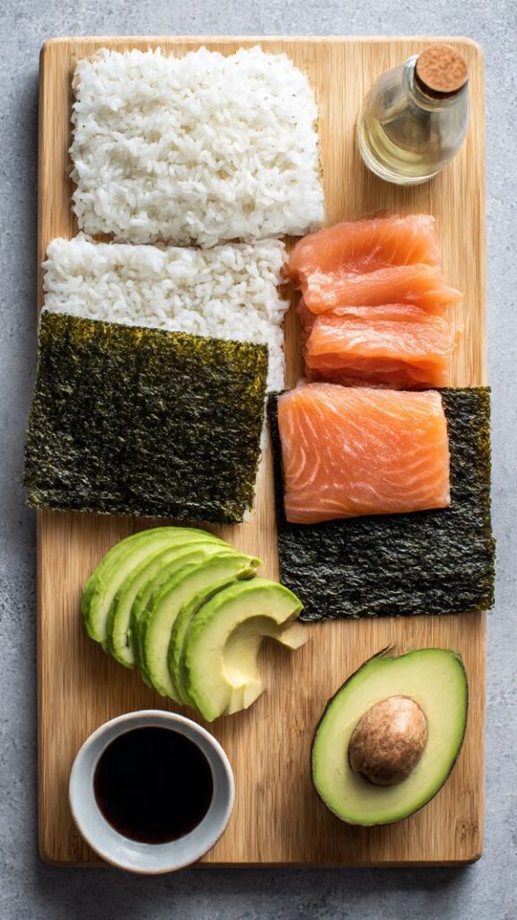 A high-quality collage image showing all the simple ingredients: sushi rice, nori sheets, sushi-grade salmon strips, avocado slices, and rice vinegar, artistically arranged on a wooden board.
