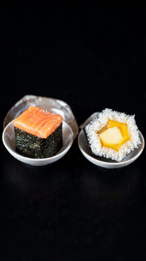A side-by-side photograph showing two different sushi plate presentations: one plate with the classic salmon hexagonal sushi and one plate with a sweet dessert hexagonal sushi roll (mango/coconut), highlighting the flavor versatility.