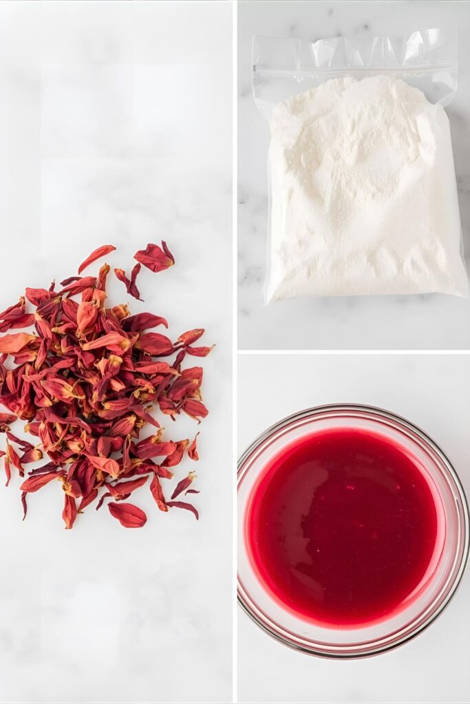 A colorful flat-lay collage of the three core ingredients for hibiscus glaze: a pile of dried red hibiscus flowers, a bag of powdered sugar, and a glass bowl of the finished, deep red hibiscus liquid on a white marble background.