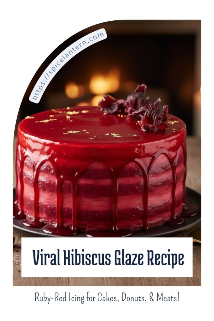 A close-up, vibrant photograph of a bundt cake covered in shiny, thick ruby-red hibiscus glaze, with a bold white text overlay reading: "Hibiscus Glaze." The background is a clean, rustic wooden table