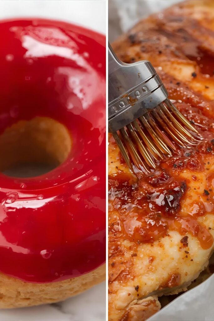 A close-up side-by-side photo showing two different uses of hibiscus glaze: On the left, a glazed donut with the shiny ruby-red glaze; on the right, a piece of roasted chicken brushed with the savory Spicy Chili-Lime Hibiscus Glaze.