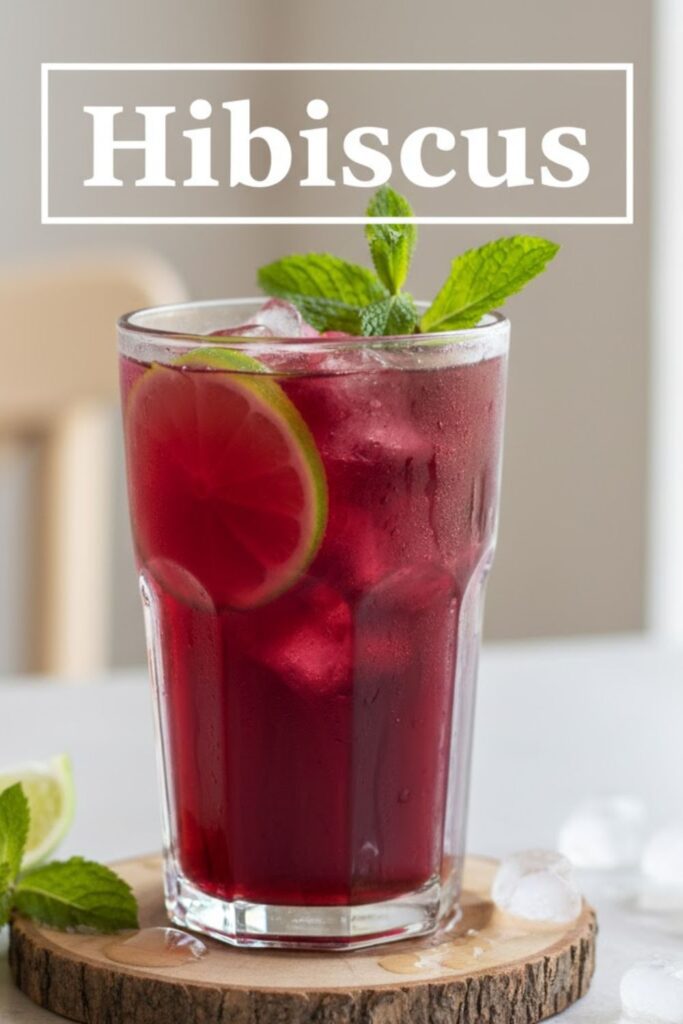 A tall glass of vibrant, ruby-red hibiscus iced tea with ice and lime slices, featuring a bold text overlay.
