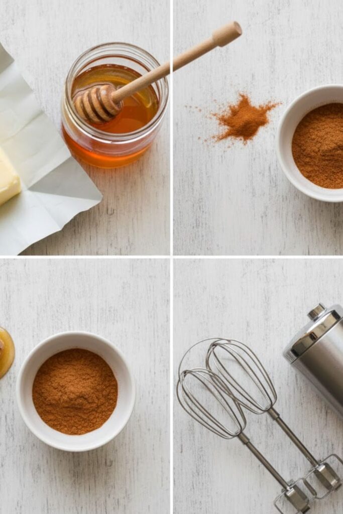 A flat-lay collage featuring a stick of softened butter, a jar of liquid honey with a dipper, ground cinnamon, and a hand mixer (or whisk), all arranged on a white or light wooden surface.