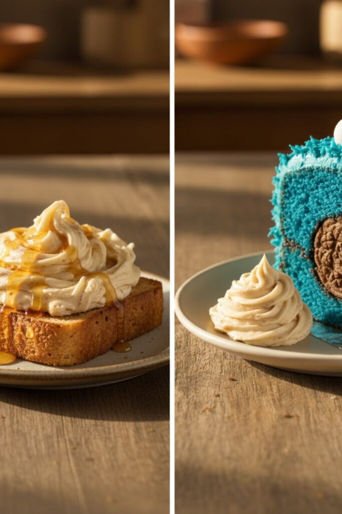 A side-by-side image: On the left, a thick slice of toast or a warm biscuit generously slathered with the fluffy Honey cinnamon butter. On the right, a close-up of a small dollop of the butter placed next to a slice of vibrant blue cookie monster cake.