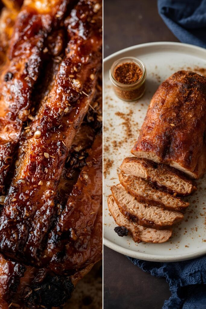 Two separate, styled images: one close-up of the rub forming a bark on chicken, and one shot of the finished product being used.