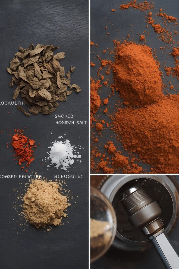 Flat lay collage of all ingredients for Honeybush Rub: loose tea, paprika, salt, and brown sugar.