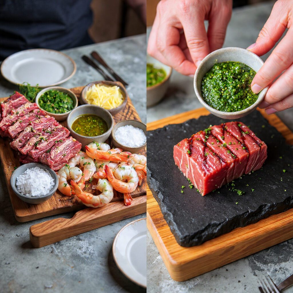 Two views of Hot Stone Cooking: a prepared stone at a dining setting and a close-up of seared steak being dipped into sauce.