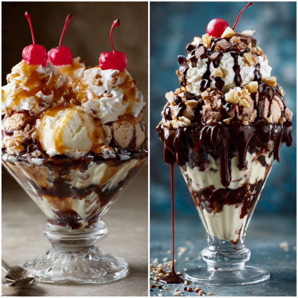 Two variations of ice cream sundaes. One is a wide shot of several elaborate sundaes in glass bowls on a table, and the other is an extreme close-up of a single towering sundae, dripping with hot fudge and loaded with toppings.