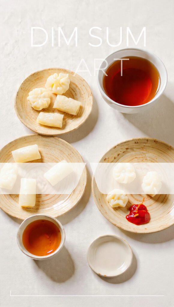 A collage showing the essential components: frozen Har Gow and Siu Mai dumplings, a cup of hot jasmine tea, a bowl of chili oil, and a small dish of red vinegar and ginger slivers.