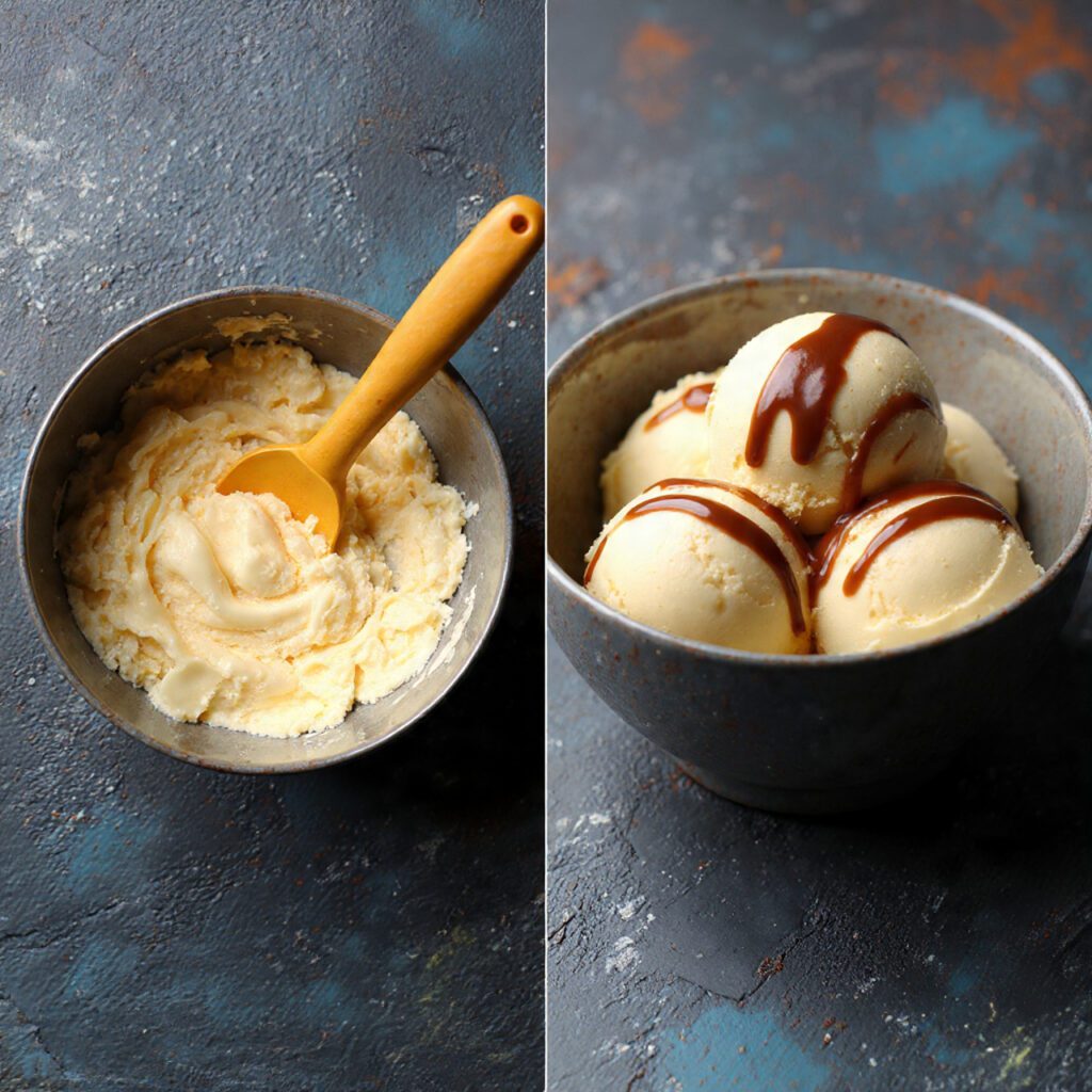 Two views of Insomnia Ice Cream: the base being folded and a close-up of the finished, scooped ice cream.