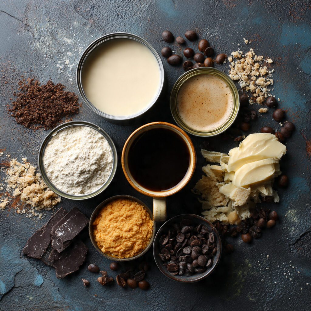 Flat lay collage of Insomnia Ice Cream raw ingredients: heavy cream, condensed milk, coffee, and mix-ins.