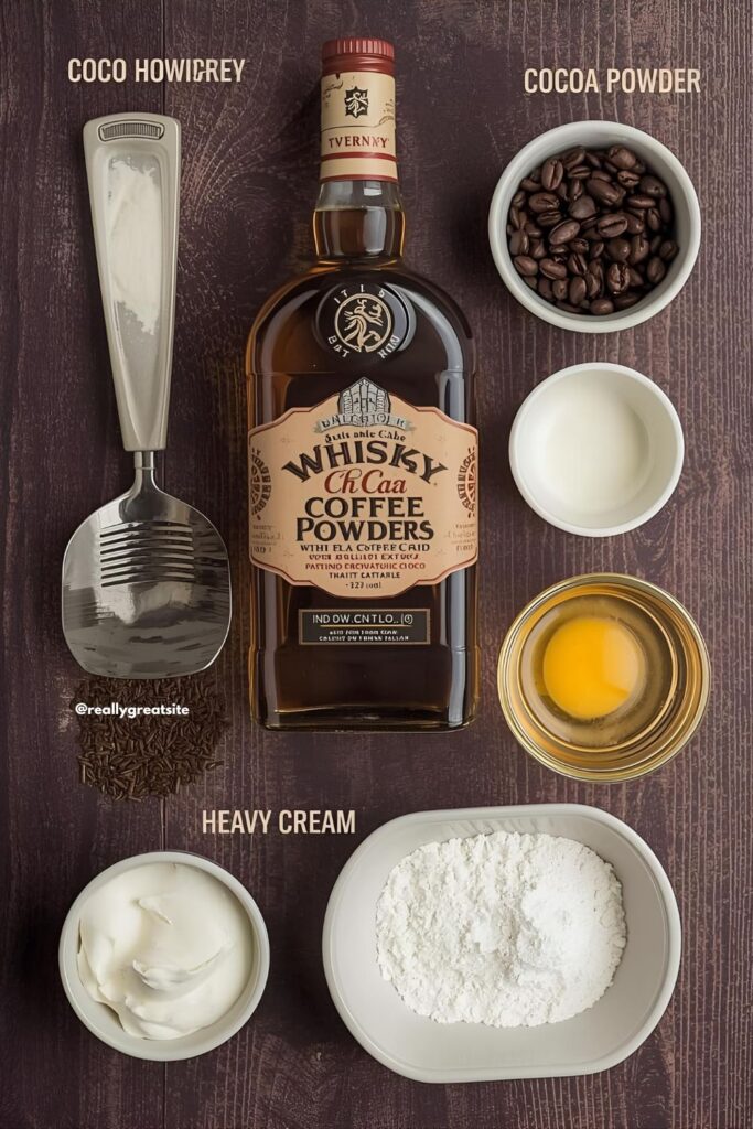 A flat-lay collage of the main ingredients for Irish coffee cake: a bottle of Irish whiskey, cocoa powder, coffee beans, heavy cream, eggs, and flour on a dark wood background.