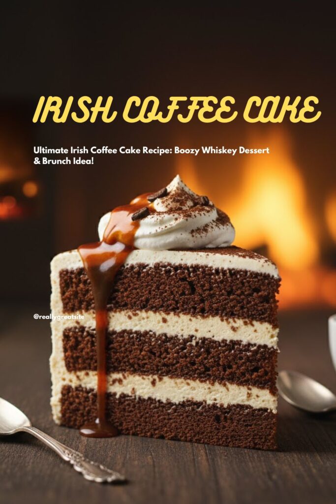 A beautiful, layered slice of Irish coffee cake showing the dark coffee crumb, the whiskey glaze, and the thick layer of cocoa-dusted whipped cream, with a bold white text overlay reading: "Irish Coffee Cake."