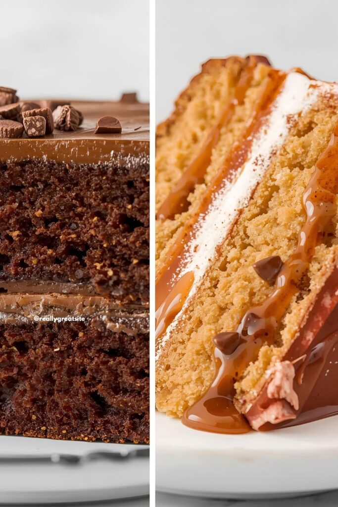 A close-up side-by-side photograph showing two cake slices: On the left, the classic Irish Coffee Cake slice; on the right, the Salted Caramel Whiskey Cake slice drizzled with thick caramel sauce.