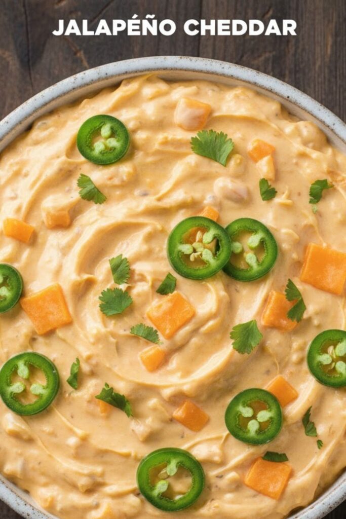 A viral, indulgent, and highly clickable image of a creamy, chunky Jalapeño cheddar dip in a rustic bowl, garnished with sliced jalapeños and shredded cheese, with the text overlay "JALAPEÑO CHEDDAR" in a bold, appetizing font