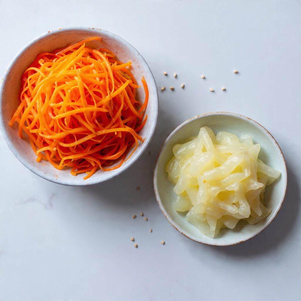 Two servings of Jellyfish Salad. One is a wide shot of the salad on a vibrant white platter garnished with sesame seeds, and the other is an extreme close-up showing the unique, translucent, crunchy texture of the marinated jellyfish strips.