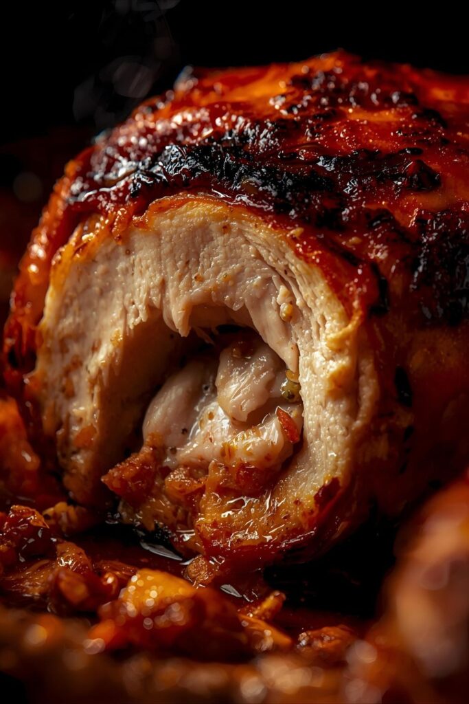 Extreme close-up of a perfectly cooked Tandoori Chicken thigh slice, showing the smoky char and the moist, tender, white meat interior