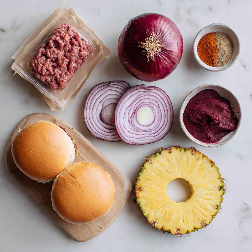 A collage showing the essential ingredients: a package of ground kangaroo meat, a red onion, smoked paprika, burger buns, sliced beetroot, and a fresh pineapple ring.