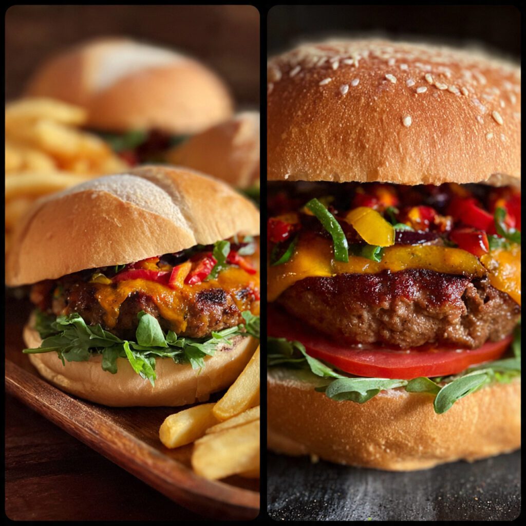 Two variations of the kangaroo burgers. One is a wide shot of two fully assembled kangaroo burgers on a platter with fries, and the other is an extreme close-up of a kangaroo burger, showing the cooked patty texture and the vibrant layers of toppings.