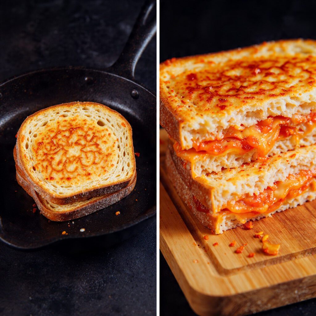 Diptych showing Kimchi Grilled Cheese in a skillet and a close-up of the gooey sliced sandwich.