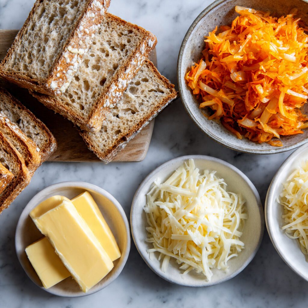 Overhead flat lay collage of raw Kimchi Grilled Cheese ingredients: sourdough, cheese, kimchi, and butter.