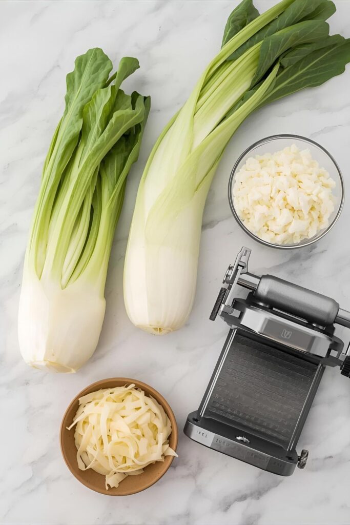An overhead flat-lay of ingredients for kohlrabi noodles, including kohlrabi bulbs, heavy cream, butter, and a spiralizer.