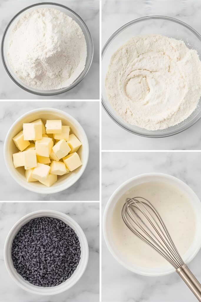 A flat-lay collage of the main ingredients for lavender scones: flour, cubed cold butter, cold heavy cream, a bowl of purple culinary lavender buds, and a whisk in a white mixing bowl on a marble background.