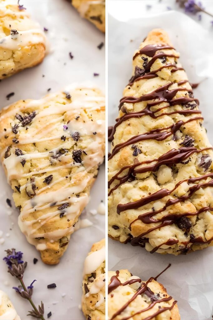 A side-by-side close-up photograph showing two types of baked scones: On the left, a glazed Lemon and Lavender Scone; on the right, a White Chocolate Chip Scone with a melted chocolate drizzle.