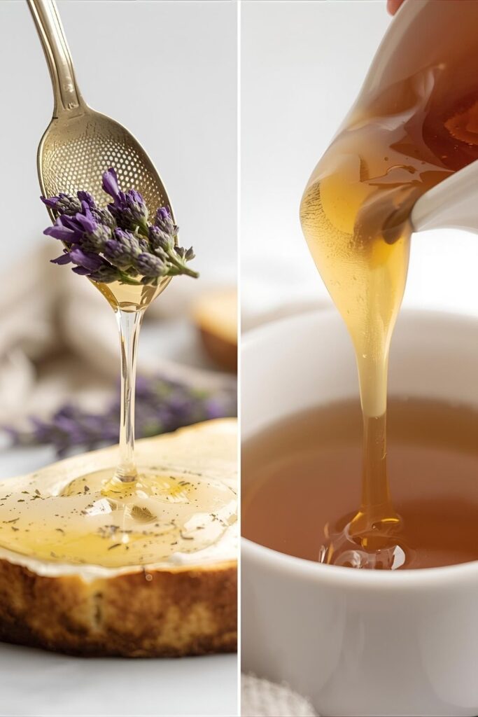 A side-by-side image: On the left, a spoonful of strained Lavender honey drizzled over a piece of baked Brie or goat cheese. On the right, a close-up of the honey pouring into a teacup.