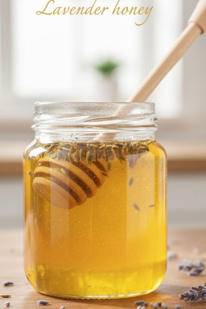 A close-up shot of liquid golden honey with dried lavender buds steeping inside a clear glass jar, with bright natural lighting. The text overlay reads: