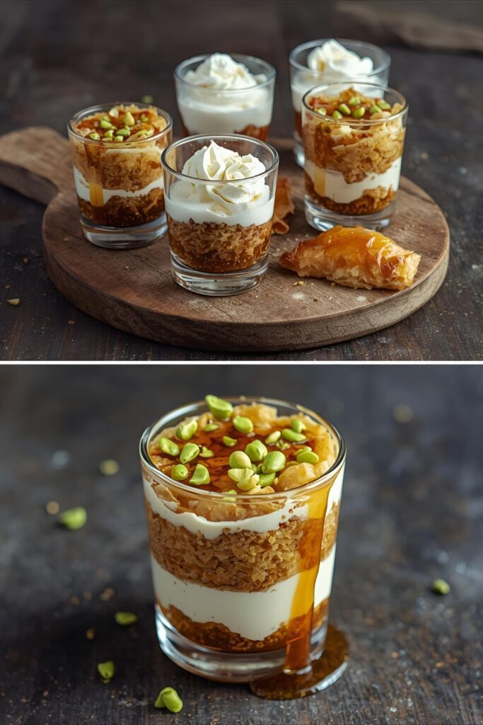 Close-up of a layered Deconstructed Baklava dessert in a glass, showing the contrast between the creamy yogurt, golden phyllo, and bright green pistachios.