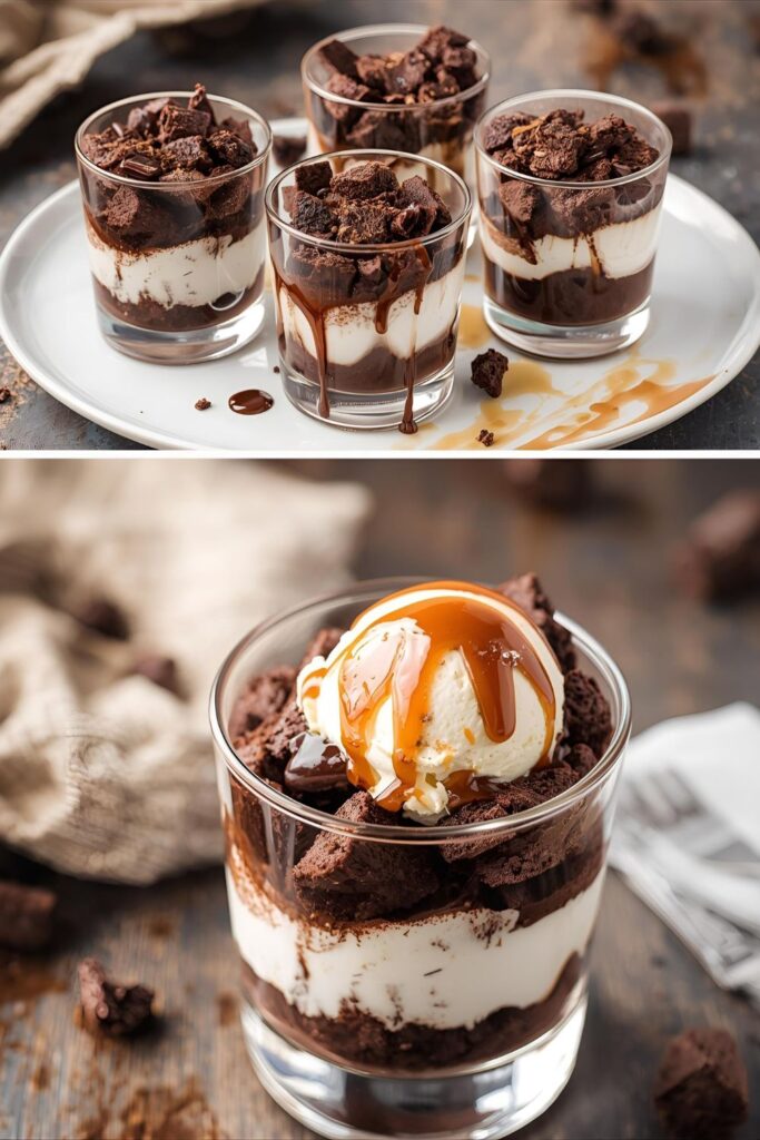 Close-up of a layered Deconstructed Brownie dessert in a glass, showing gooey warm chunks, melting ice cream, and a whipped cream swirl.)