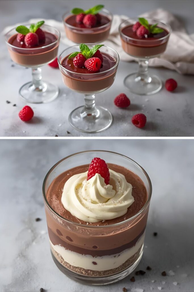Close-up of a layered Deconstructed Mousse in a glass, showing the airy texture of the whipped cream and the deep color of the chocolate base.