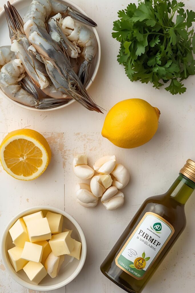 Flat lay collage of the raw ingredients: raw shrimp, whole lemon, cloves of fresh garlic, unsalted butter, olive oil, and fresh parsley on a light wood background)