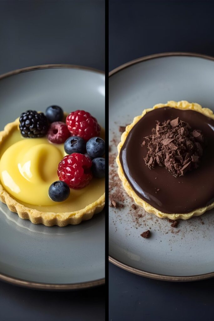 Two separate, luxurious variants of the cooked deconstructed tart: one is the lemon version, and the other is a dark chocolate ganache version. One image is a close-up of the smooth lemon curd.