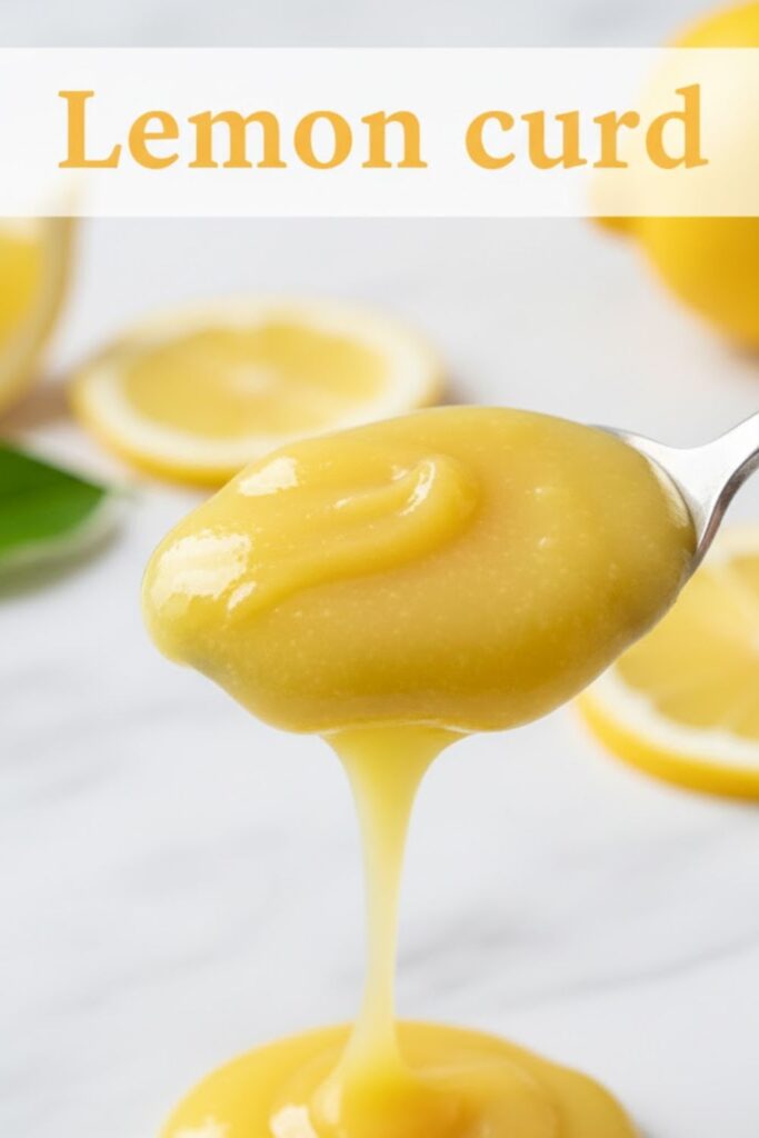 A large spoonful of bright yellow, creamy Lemon curd being lifted, showing its smooth texture.