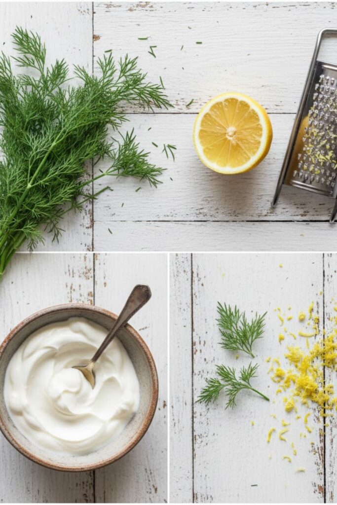 A flat-lay collage featuring fresh dill, half a lemon, a small bowl of Greek yogurt/mayo base, and a microplane zester, all arranged on a white wood surface.