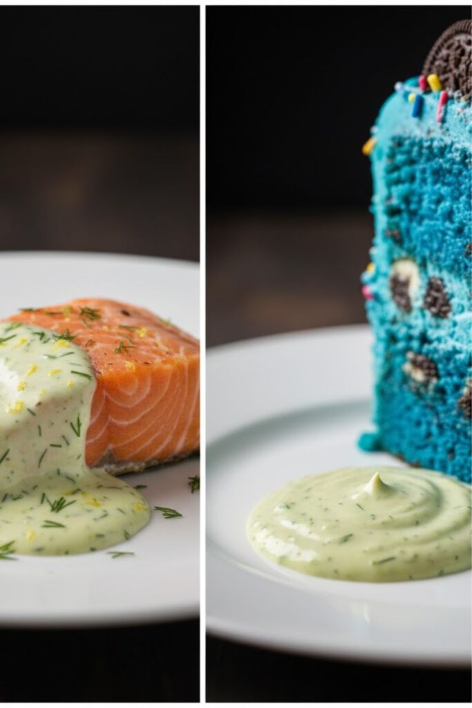 A side-by-side image: On the left, the Lemon dill sauce drizzled heavily over a piece of baked salmon. On the right, a close-up of a dollop of the sauce placed near a slice of vibrant blue cookie monster cake.
