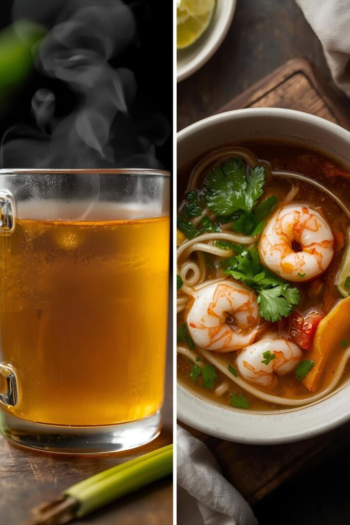 Two separate, styled images: one close-up of a cup of sipping broth, and one shot of the broth used as a base for a noodle soup.