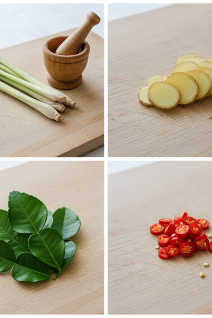 Collage of all fresh ingredients for lemongrass broth: stalks, ginger, kaffir lime leaves, chili, and lime.