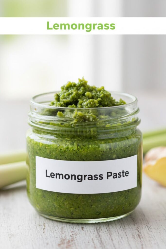 A small jar filled with vibrant green lemongrass paste next to sliced lemongrass stalks, featuring a bold text overlay.