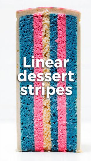 Pinterest image for a linear dessert stripes recipe with a text overlay of the main keyword on a background of the vertically striped cake cross-section.