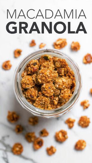 A close-up shot of large, golden-brown macadamia granola clusters mixed with shredded coconut and whole macadamia nuts. Text overlay reads: MACADAMIA GRANOLA