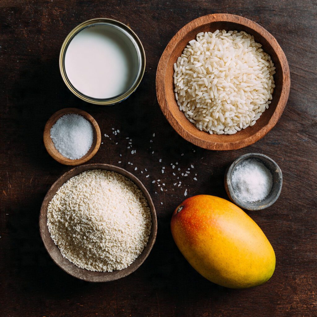 A flat lay collage showing the essential ingredients for the recipe: a pile of sticky rice grains, a can of full-fat coconut milk, a whole ripe mango, a small bowl of sugar, and salt.